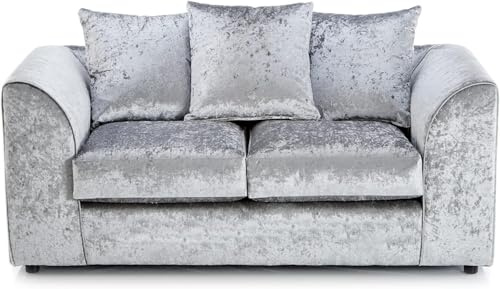 Crushed Velvet Sofa - 3+2 Seaters with Scatter Back Cushions - Dylann 3 Seater Sofa Settee - 2 Seater Suite for Living Room Lounge Drawing Room & Office Indoors (Silver, 2 Seater)