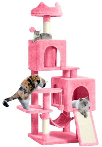 YITAHOME Rascador Grande, XL, 137 cm de Alto, con 2 Postes de sisal, 1 Plataformas, 2 Cuevas, Hamaca, Bolas de Peluche, Tabla rascadora para Gatos, árbol de Escalada para Gatos, Color Rosa