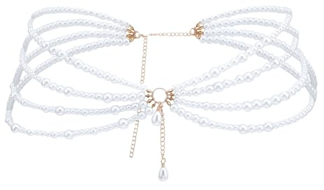 NICENEEDED Multi Layered Long Metal Big Pearl Waist Chain Belt, White Pearl Tassel Hip Belly Body Chain, Festival Rave Waist Belt for Women