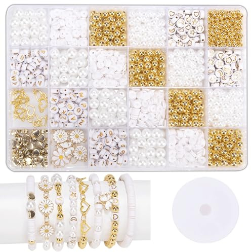 Canollo 2600 Stück Weiß Perlen für Armbänder, Ketten Selber Machen set, Armbänder Selber Machen Erwachsene, Perlen zum Auffädeln für Schmuckherstellung, Halsketten, Ohrringe, Handwerk