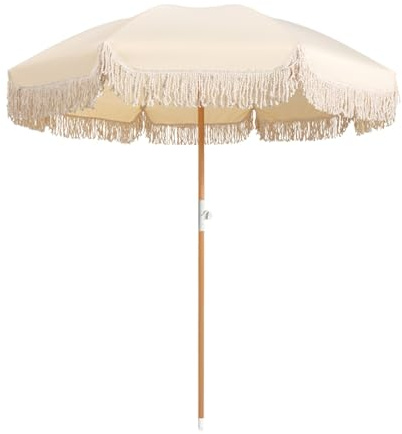 Strandschirm 200 cm mit Fransen, UV-Schutz, wasserdicht, für den Außenbereich, Terrassenschirm, Kippfunktion, 8 Rippen, Marktschirm für Hinterhof, Terrasse, Pool und Garten