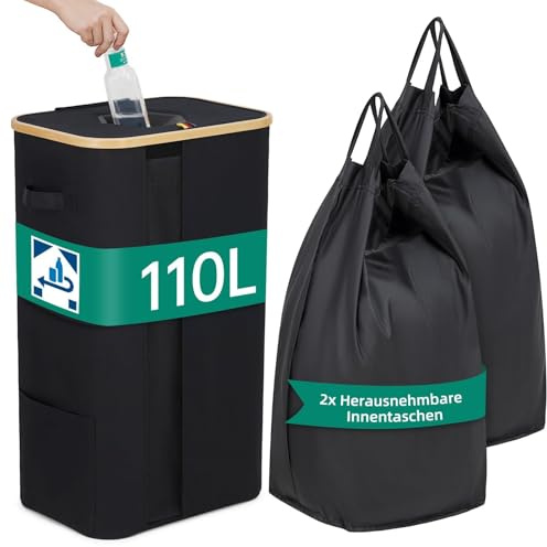 Pfandflaschen Sammelbehälter 110L mit Deckel, Stabiler Flaschensammler Dank Feder-Stangen [Inkl. 2 waschbaren Innentaschen & Anti-Schimmel Netz] Faltbarer Pfandsammler mit Großem Einwurf für Küche