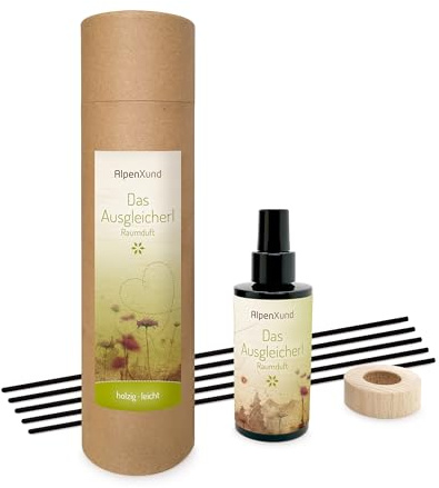 AlpenXund Raumduft Diffuserl Ausgleicherl 100 ml I Natürliche Raumbeduftung I Raumduft Nachfüllung ätherisch I Diffuser Holz Design I Duftöl 100% naturrein I Ideal für jeden Raum