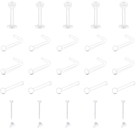 MODRSA Klare Piercing OP Retainers für Nase Zunge Nippel Bauch Lippen Ohr | Unsichtbar UV-Acryl Material, 14-20G, Multifunktions-Set, Wasser- & Schweißresistent, Leicht zu Reinigen, Mit Samtbeutel