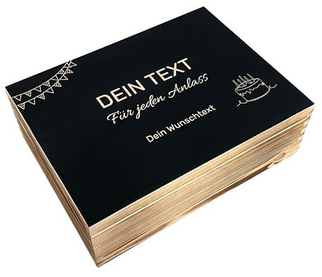 WoodGall Holzkiste personalisiert mit Gravur – 40x30 x13cm – Geflammte Geschenkbox aus massivem Kiefernholz mit schwarzem Deckel, Holzbox personalisiert
