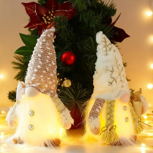 Akxlax 2 Stück Weihnachtswichtel Weihnachten mit Timer, GNOME Wichtel LED Weihnachtsdeko Skandinavisch Figuren Beleuchtet, Frauen Männer Partner, Groß Stehend (A, Mit Timer Beleuchtung)
