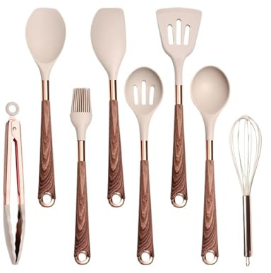 Silicone Cooking Utensils Set Non-Scratch Non-Stick Heat Resistant Spatula Spoon Rose Gold Handle with Bucket Kitchen(Beige-08)