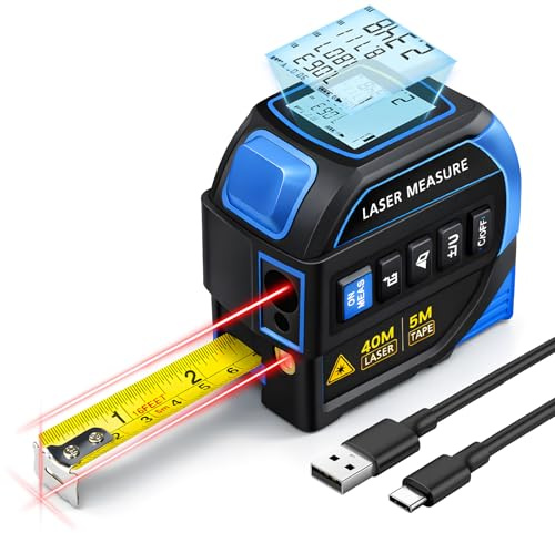 4-in-1 Laser Tape Measure with Laser Level Crosshairs, 16FT/5m AutoLock Measuring Tape, Digital Laser Measure130FT/40m, Measurement Tool with Backlit LCD Display, for DIY, Construction Projects