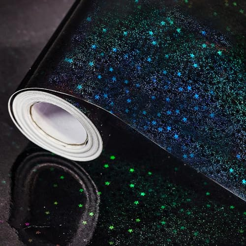Black Holographic Wrapping Paper Roll,43cm x 10m Black Metallic Gift Wrapping Paper,Shiny Stars Gift Wrap for Birthday Party Wedding Baby Shower Holiday Christmas