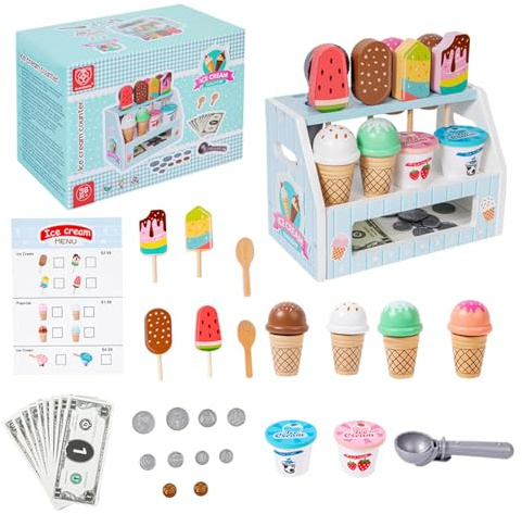 jklymm Kids Pretend Ice Cream Parlor Toy with Scoops Cones Educational Counting Game Pretend Store Toy for Fine Motor Skills Development