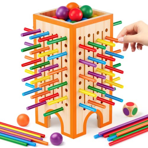 Montessori Game Wooden Board Games, 42 Colourful Sticks Dice Game Math Learning Toys, Family Fun Ball Dropping Game, Fine Motor Skills Toy for 3 4 5 6 Years Old, Travel Educational Gift for Boys Girls