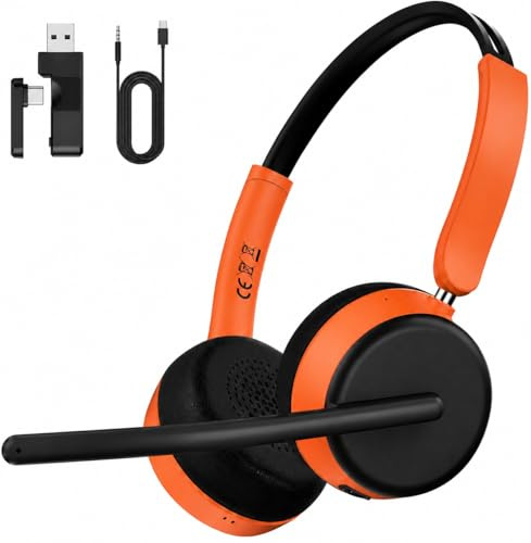 Wireless Headset with Microphone Bluetooth Headset Multipoint Connection | Adjustable Headband PC Headphone, Office Headsets for Business, Call Center, Zoom, Teams (Orange)