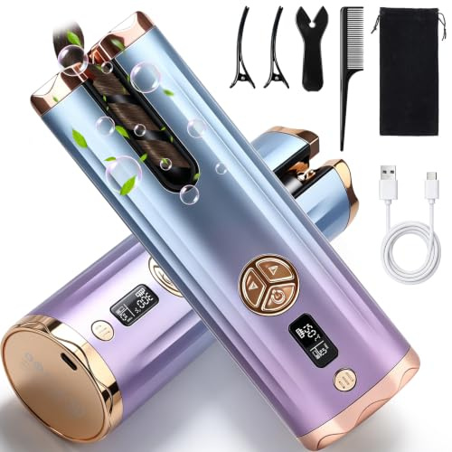 Automatic Hair Curler, dual-temperature display (°C and °F), Curling iron with 6 Temperature Settings,equipped with a 5200mAh battery with left-right rotation function,suitable for home and travel use