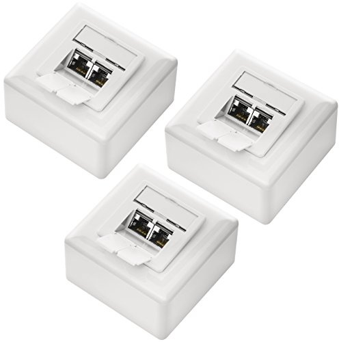 deleyCON CAT 6a Netzwerkdose 2x RJ45 Port 10 Gbit/s, 3 Stück - Weiß | Universal, geschirmt, Aufputz oder Unterputz, 10 Gigabit Ethernet Netzwerk, EIA/TIA 568A&B