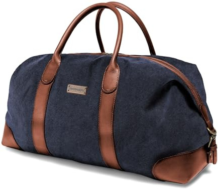 DRAKENSBERG Canvas Leder Weekender 'David' (60cm) große Reisetasche Herren Damen, wasserabweisend, erweiterbar | 60L, Marine-Blau, DR00156