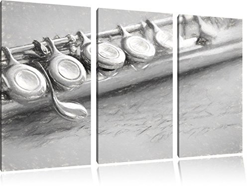 Pixxprint Detailaufnahme Einer Querflöte Kohle Zeichnung Effekt, Leinwandbild 3 Teilig, Gesamtmaß: 120x80cm, Wandbild, Dekoration, fertig gespannt, Kein Poster