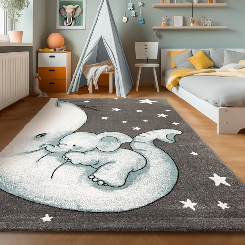 SIMPEX Kinderteppich Elefantenmotiv Blau 120x170 cm Rechteckiger Spielteppich für Jungen & Mädchen Hautsympathisch & Liebevoll gestaltet