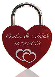 ELUNO Liebesschloss Herzschloss Schloss mit Gravur und Schlüssel I Valentinstags Geschenk für Sie Ihn Hochzeit I incl. Samtbeutel I Motiv Herz 0005 in Rot