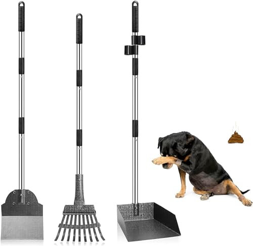 Snagle Paw Hundekotschaufel, 3 Stück Dog Pooper Scooper Hundekotschaufel und Harke Metall Rechen Kehrschaufel für große mittlere kleine Hunde mit Lange verstellbare Griff Rake Waste Removal