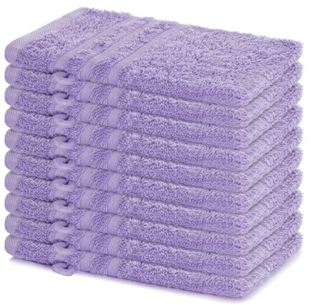 Lavea® 10er Set Waschhandschuh 15x21 cm – Waschhandschuhe aus 100% Baumwolle, weicher Frottee Waschlappen, saugstark, hautfreundlich, waschbar und strapazierfähig – Frottierserie Elena – Lavendel