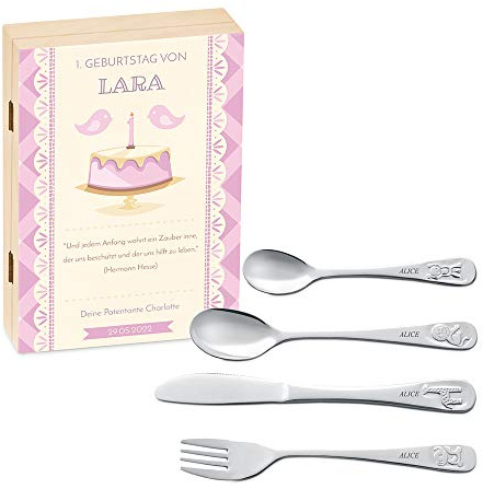 Maverton Cubertería Infantil Personalizada de 4 Piezas - Cubiertos Acero Inoxidable con Grabado - Regalos Personalizados para Bebe Niña - Vajilla Bebe para Comunion Bautizo - Tarta