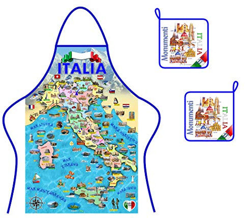 generico Set 2 Presine+Grembiule Cotone Monumenti Italia Souvenir Utile Regalo Cuoco