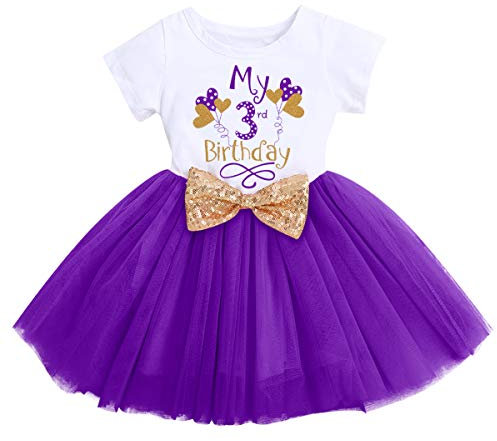 FYMNSI Kleinkinder Baby Mädchen Mein 3. Geburtstag Kleid Baumwolle Kurzarm Tutu Tüllkleid Pailletten Schleife A-Linie Prinzessin Partykleid Outfit Lila Ballon 3 Jahre