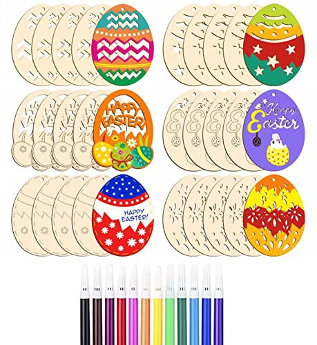 ToBeIT Ostern Holzanhänger Ostereier Deko mit Schnur DIY Basteln zum Bemalen Holz Anhänger für Kinder Ostereier Osterhase (60x80mm, 42)