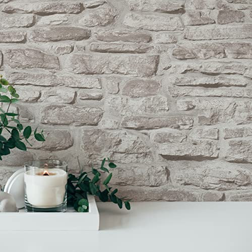 A.S. Création Greige Grey Bricks & Stones 388153 Non-Woven Wallpaper Natural Stone Wallpaper 10.05 m x 0.53 m Made in Germany