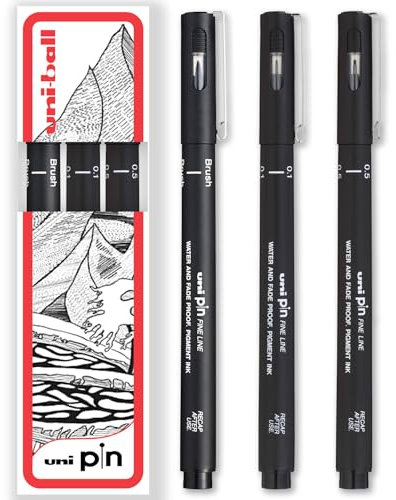 Uni Pin Fineliner Drawing Pen - 0.1mm, 0.5mm & Brush Tips - Black Ink - Pack of 3 - In Gift Box