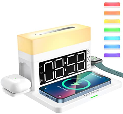 FCHMY Kabellose Ladestation 6 in 1 mit LED-Nachtlicht Digitaler Wecker 18 W Schnellladung kompatibel mit iPhone 13/12/11/Pro/SE/XS/XR/X/8Plus/8/Samsung Galaxy/iWatch/AirPods