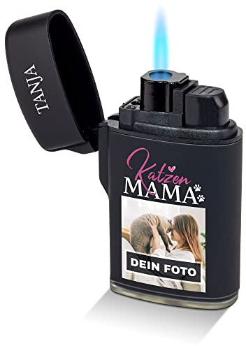 PfotenSchild Feuerzeug - Katzenmama - selbst gestalten - mit eigenem Katzen-Foto und Namen Bedrucken - Foto-Geschenk - Sturmfeuerzeug, Flüssiggas nachfüllbar I Geschenk personalisiert