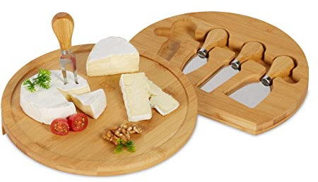 Relaxdays Käsebrett mit Käsemesser Set, HD 4 x 25 cm, drehbare Käseplatte, 4-TLG. Käsebesteck, Bambus & Edelstahl, Natur