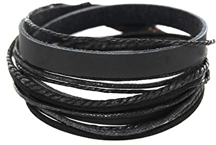 axy Herren Armband Wickelarmband Lederarmband Leder Herrenarmband Herren Damen, aus Echtleder und Baumwolle Surferarmband (M15 - Schwarz)