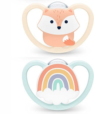 NUK Space Schnuller | 0-6 Monate | Schnuller mit zusätzlicher Belüftung für empfindliche Haut | BPA freies Silikon | Fuchs & Regenbogen | 2 Stück