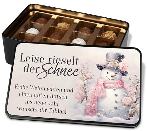 Romantische Pralinendose personalisiert „Leise rieselt der Schnee“ - 12 Confiserie-Pralinen in Metalldose – Schoko Weihnachtskarte - Geschenk zu Weihnachten