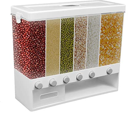 BAOCHADA Distributeur de céréales 6 en 1 - 6 compartiments - Distributeur de riz - Récipient de conservation - Boîte de conservation avec boîte de ramassage pour le riz, les céréales, les noix, les