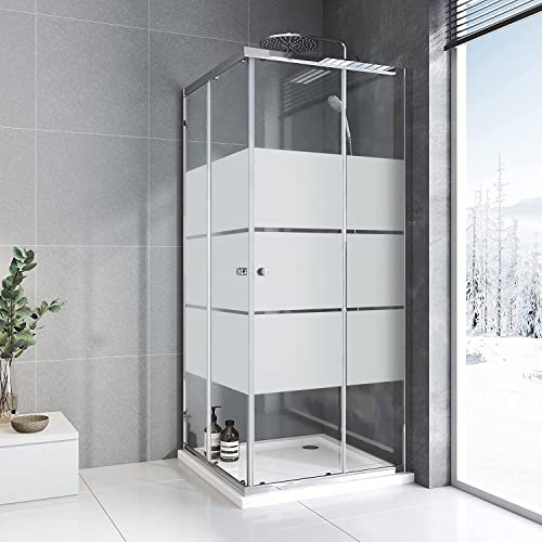 Duschkabine Eckeinstieg mit Doppel Schiebetür 90 x 90 cm Gestreift Eckdusche Duschabtrennung Duschschiebetür 6 mm ESG Glas Dusche,Höhe 185 cm,Silber,Runder Griff