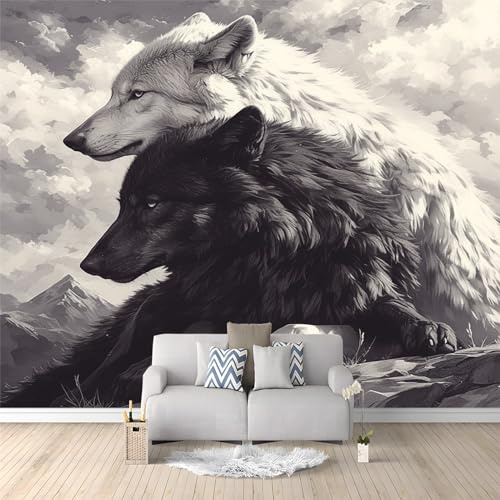 Art Fototapete Schwarz-Weiß-Wolf 150 x 105 cm Kinderzimmer Vlies Tapete Moderne UV-Beständig Montagefertig Wohnzimmer Esszimmer Wandtapete