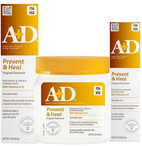 A+D Original Nappy Rash Ungüento, previene y cura la erupción del pañal, hidrata y cura la piel seca con vitaminas A&D, paquete Home & Go, tarro de 16 onzas, tubo de 4 onzas, tubo de 1.5 onzas