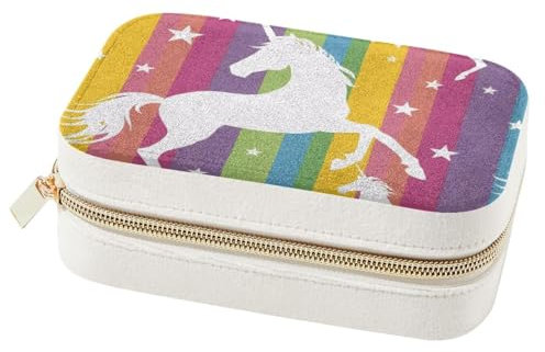 Eslifey Kleines Schmuckkästchen mit buntem Einhorn-Regenbogen-Stern-Muster, doppellagig, Reise-Schmuck-Organizer für Damen und Mädchen