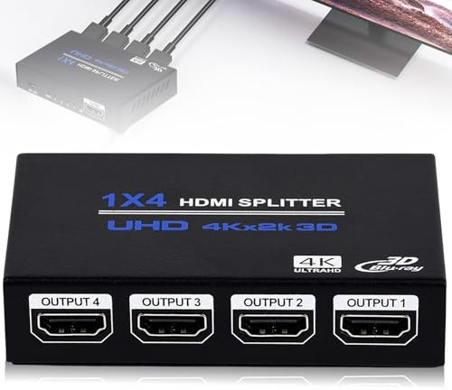 Asfrode 4K HDMI Splitter 1 in 4 Out Ultra-HD 4K@30Hz HDMI Verteiler 1 auf 4 Monitore Mirror Adapter Unterstützt 1080p 3D HDCP 1.4 für PS3 PS4 Blu-Ray DVD Player Projektor