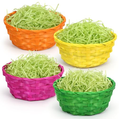 Osterkörbchen mit Deko Gras, 4 Stück Osterkorb Zum Befüllen, Bunte Bastkörbe 19 * 8.5cm,100g Ostergras Grün, Weidenkörbe Grünes Ostergras, Osternester Korbflechten für Kinder Ostern Eier Dekoration