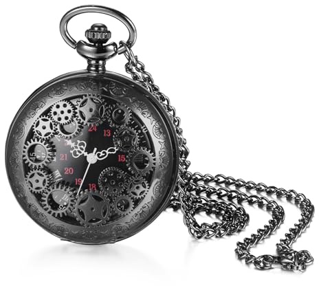 OIDEA Relojes Bolsillo Analógico Unisex: Reloj Bolsillo de Cuarzo para Hombre y Mujer Decoración de Engranajes Escala de Número Arábigo Cadena de Cintura Negro - para Uso Diario Colecciones Regalo
