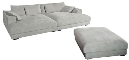 KAWOLA Big Sofa Madeline Cord hellgrau mit Hocker und 4 Zierkissen