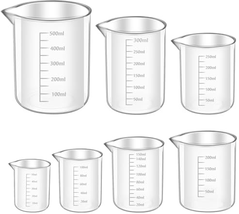 Messbecher Klein - 7 Stück Mini Messbecher Mit Ausguss 50ml 100ml 150ml 200ml 250ml 300ml 500ml Messbecher Kunststoff Messbecher mit Skala Präzisions Hitzebeständig Messbecher für Labor Küche