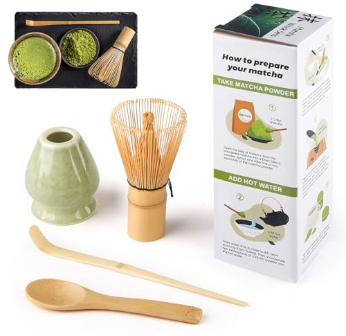 Kit Matcha 4 Piezas, Kit Matcha, Incluye Batidor Matcha de Bambú, Cuchara Tradicional, Cuchara para Té, Soporte para Batidor Matcha, el Set Perfecto Para Preparar Una Taza, Verde jaspeado