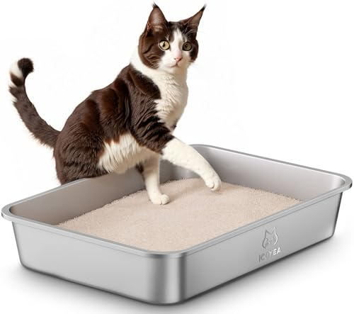 Kattlåda i Rostfritt Stål med Hög Kant, Öppen Katttoalett i Metall för Små Katter och Kaniner, med Non-Stick Yta, Luktfri och Lätt att Rengöra, 45x35x10cm