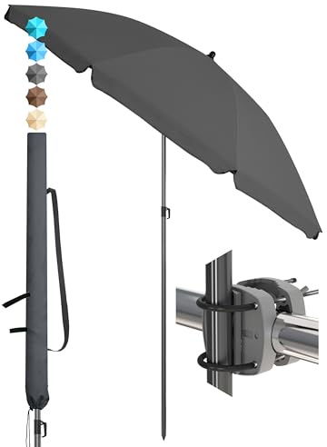 4smile Sonnenschirm Balkon SunnyJoy im 3er-Set - UPF 50+ Balkon Schirm 160 cm + Sonnenschirmhalter Balkongeländer SunnyEasy + Sonnenschirmhülle - Sonnenschutz Balkon, Sonnenschirm Strand, Anthrazit
