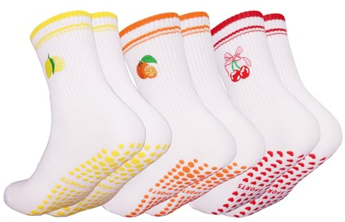 Kaempe Chaussettes Antidérapantes Femme, 3 Paires Chaussette Pilates Femme à Motifs, Pilates Socks Pour Yoga, Pilates, Fitness, Ballet